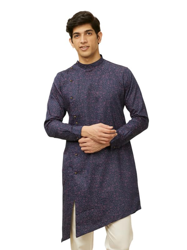 Manyavar Printed Casual Cotton Full Sleeves Kurta For Men - (Blue, Xx-Large)