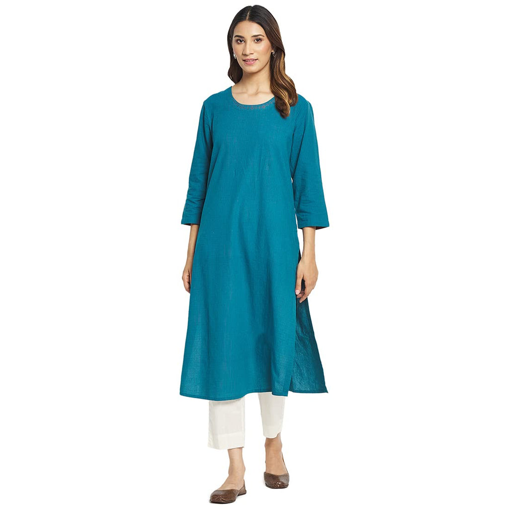 Fabindia Women Cotton Embroidered Long Kurta Blue_Xs