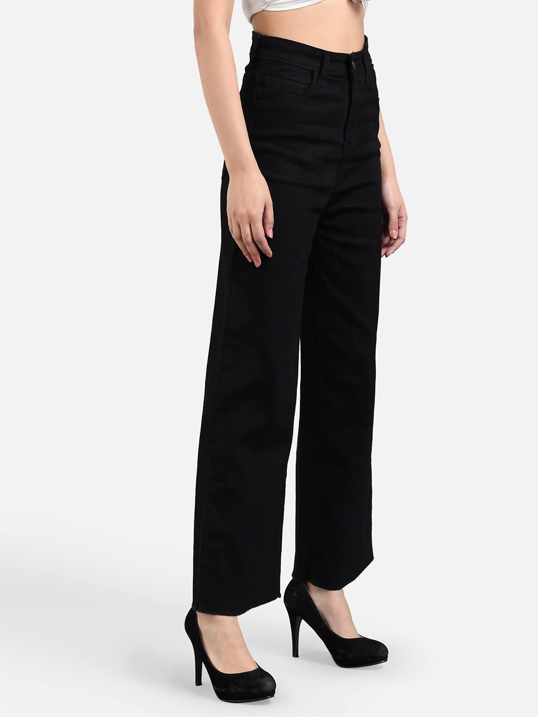 Kotty Women High Rise Cotton Lycra Fleard Fit Solid Jeans Jet Black