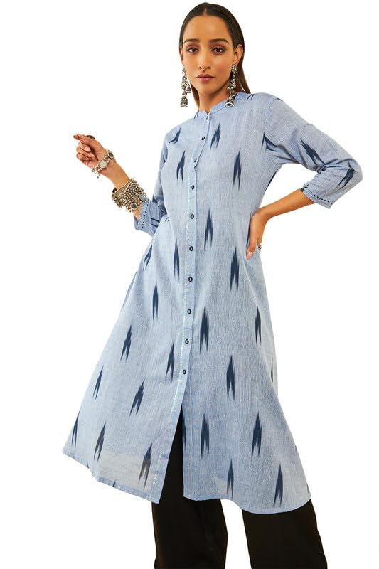Soch Womens Blue Cotton Ikat Printed Straight Kurta With Sequins