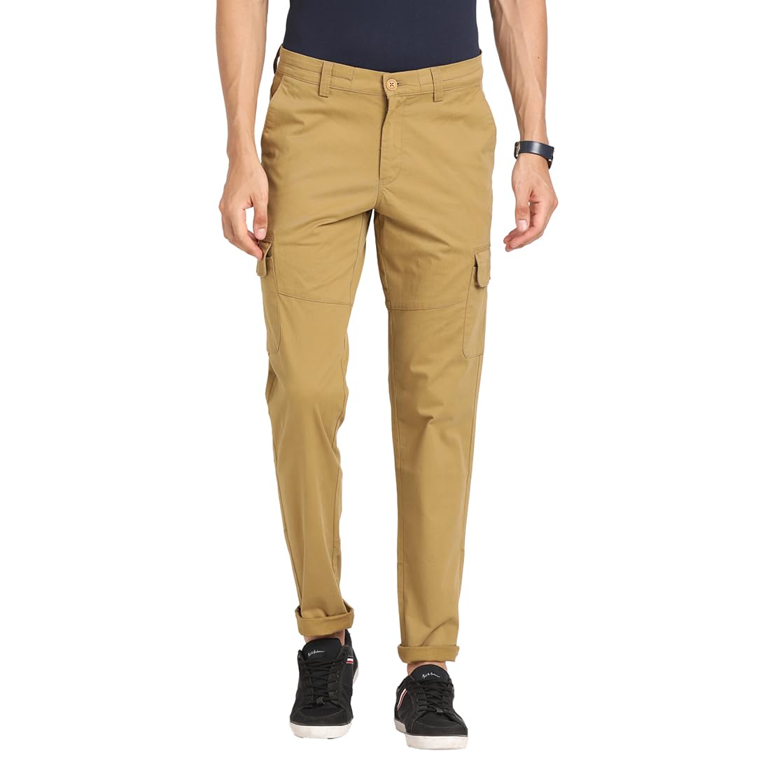Turtle Men Cotton Stretch Dark Beige Solid Cargo Pant