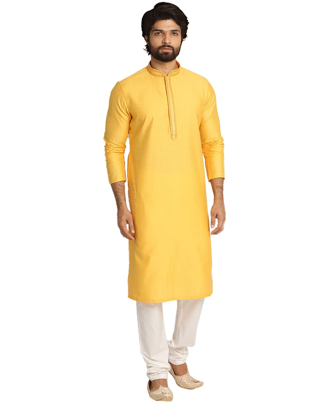 Manyavar MenS Kurta Set, Art Silk Mandarin Collar Full Sleeve Kurte Set For Men Light Orange (X-Large)