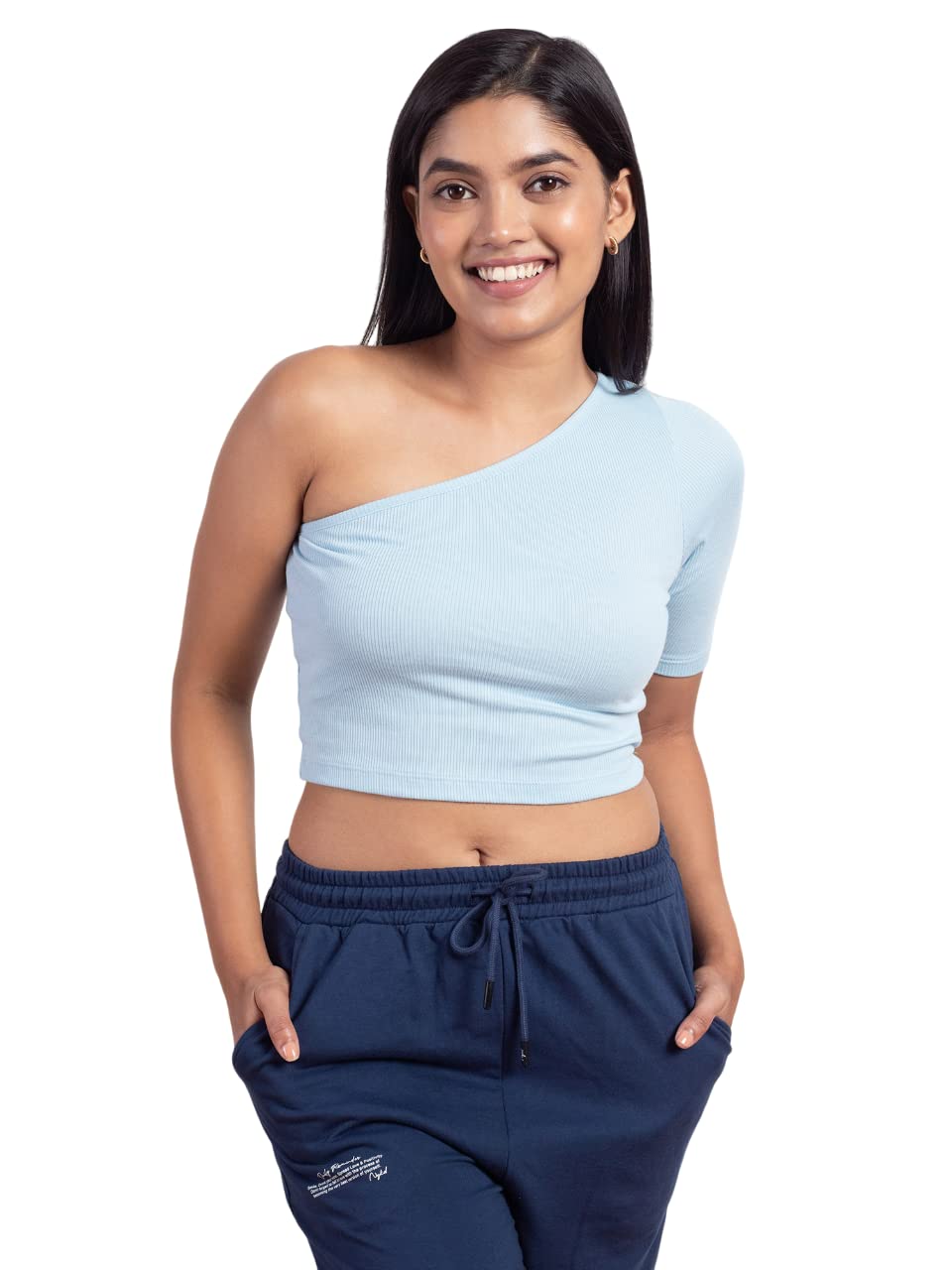 Nykd Stylish Off Shoulder Crop Top For Women Super Comfortable Ribbed Fabric, Half Sleeve - T-Shirts & Tanks, Nyoe09, Nantucket 