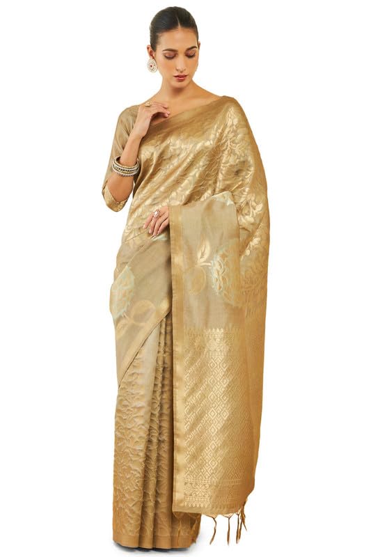 Soch Women Tussar Silk Saree with Zari Woven Floral and Foliage Designs