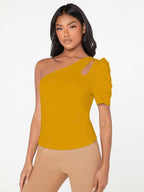 Shasmi Womens & Girls Mustard Short Puff Sleeve, One Shoulder Neck, Ruched Bust Solid Tops for Women/Tops, T-Shirts for Girls