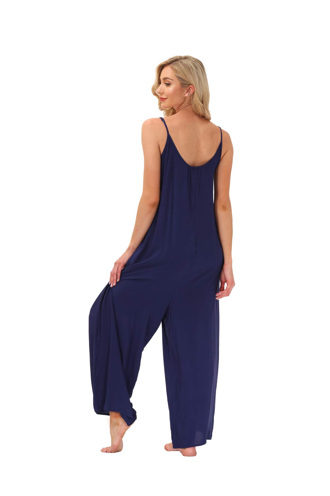 wexcen Womens Floral Printed Jumpsuits Casual Sleeveless Spaghetti Strap Rompers Wide Leg Pants with Two Pockets (Navy, XL)