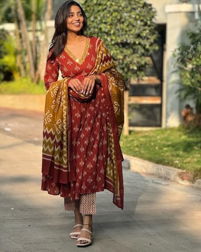 ANNI DESIGNER Womens Rayon Blend Anarkali Printed Kurta with Pant & Dupatta (Nirmal Maroon_L_Maroon_Large)