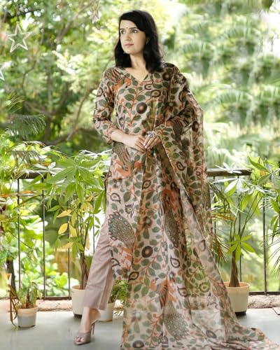 ANNI DESIGNER Womens Cotton Blend Straight Printed Kurta with Pant & Dupatta (Uskana Beige_XXL_Cream_XX-Large)