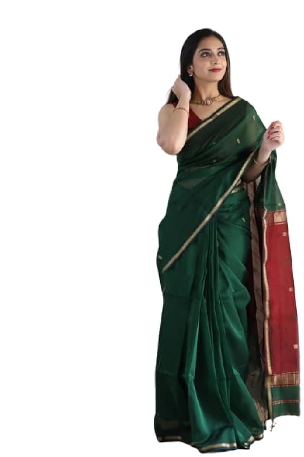 Flosive Womens Mix Color & Golden Kanjivaram Wedding Saree With Blouse (DARK GREEN)
