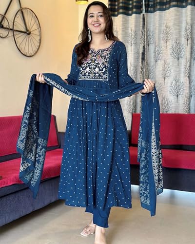 ANNI DESIGNER Womens Rayon Viscose Embroidered Anarkali Kurta with Pant & Dupatta (Kanota Kerosin-VKS05_XXL_Dark Blue_XX-Large)