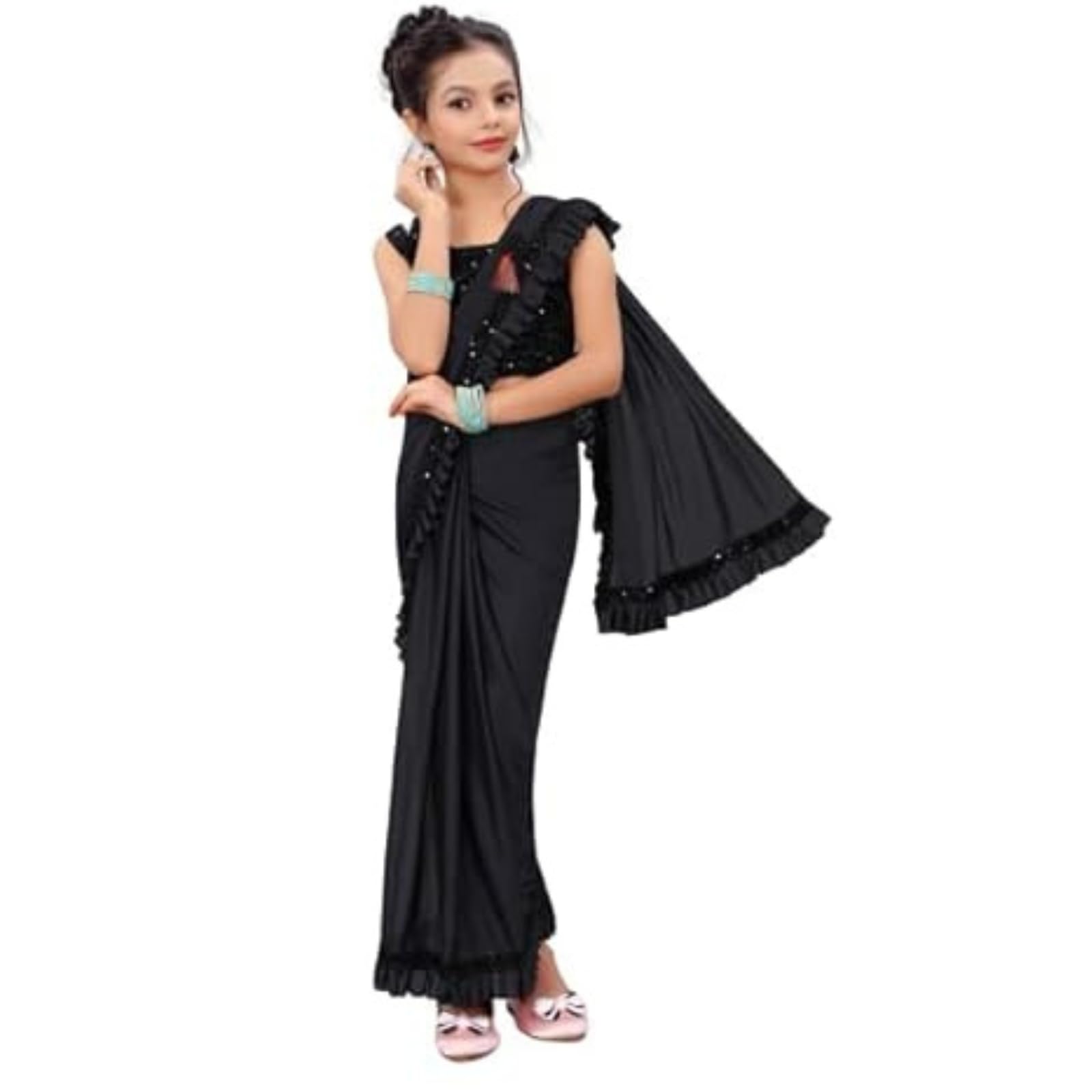 Dhyey Fashion Girls Lycra Blend Ruffle Pattern Saree With Velvet Unstitched Blouse Piece