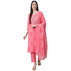 Anubhutee Women'S Cotton Pink Gota Patti Ethnic Motifs Printed Straight Kurta Suit Set With Trousers And Dupatta