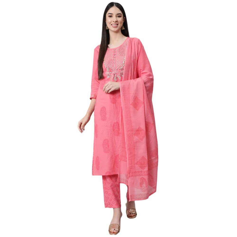 Anubhutee Women'S Cotton Pink Gota Patti Ethnic Motifs Printed Straight Kurta Suit Set With Trousers And Dupatta