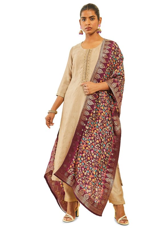 Soch Womens Beige Silk Blend Zari Embroidered Suit Set With Contrast Dupatta