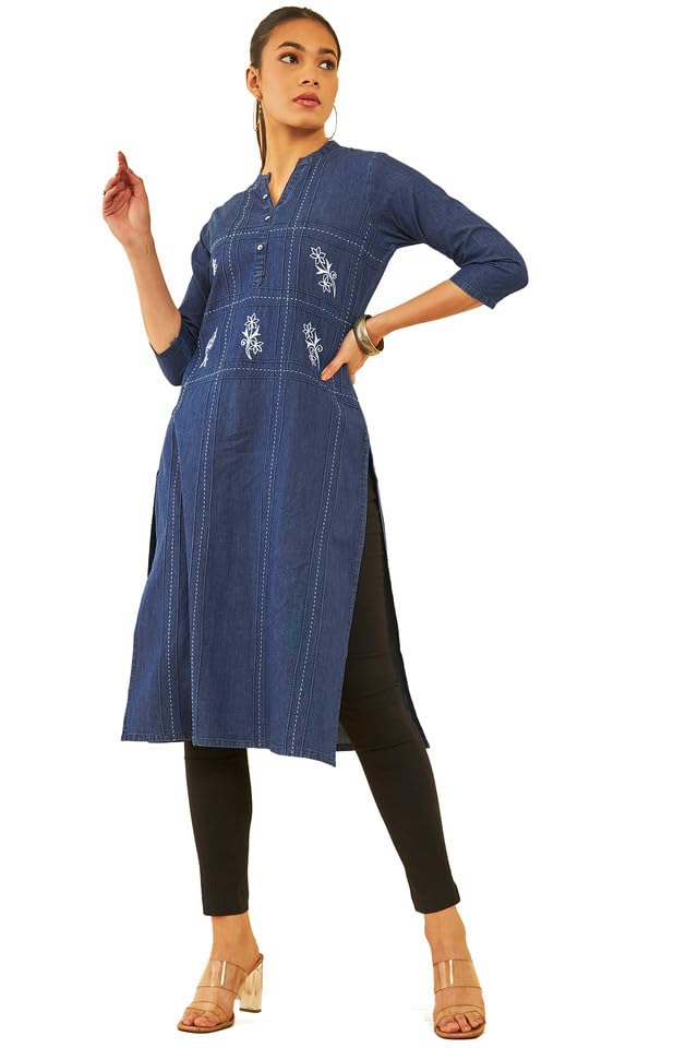 Soch Womens Indigo Cotton Placement Embroidered Kurta