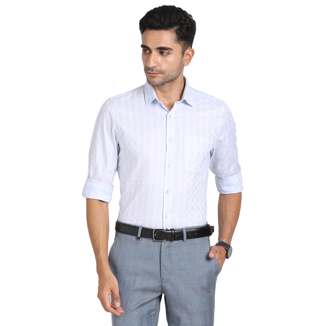 Turtle Men Giza Cotton Checkered Slim Fit Light Blue Formal Shirt
