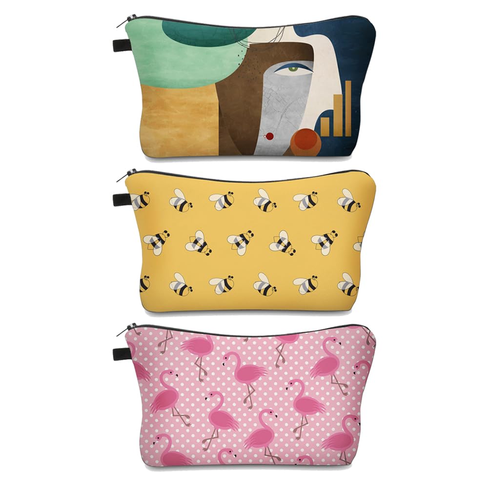 Deanfun Makeup Bag, 3pcs/set Super Funny 3D Printing Women Cosmetic Bag Multifunction Pencil Holder(Flamingos+Bee+Painting)