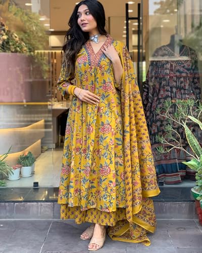 ANNI DESIGNER Womens Rayon Blend Anarkali Printed Kurta with Pant & Dupatta & Dupatta (CIA Yellow_4XL_Yellow_XXXX-Large)