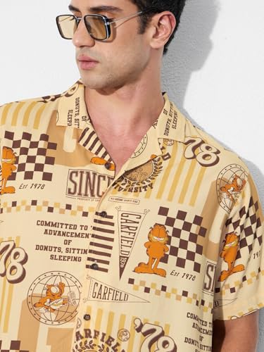 The Souled Store Garfield: All Star Men and Boys Short Sleeves Collared Neck Button Front Yellow All Over Printed Regular Fit Ra