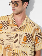 The Souled Store Garfield: All Star Men and Boys Short Sleeves Collared Neck Button Front Yellow All Over Printed Regular Fit Ra