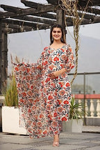 DHRUVI TRENDZ Women Cotton Blend Fancy Kurta Set Regular Fit Printed (DT-K2707&P129_White_M)