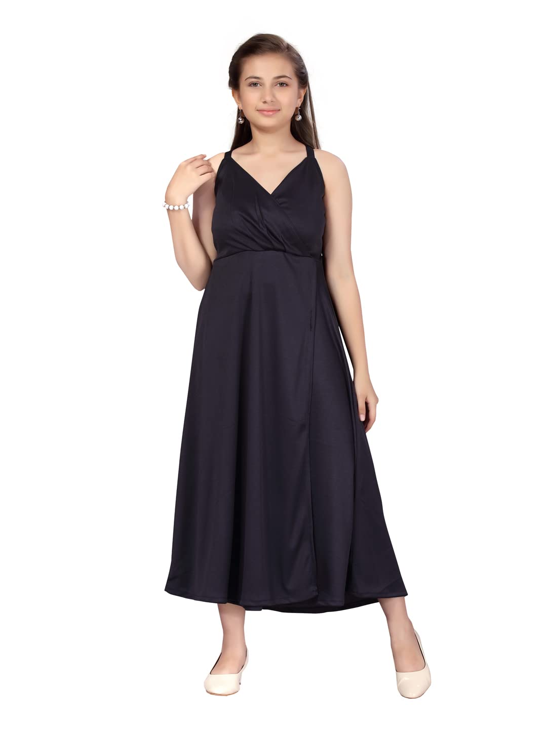 Aarika Girls Cotton Blend A-Line Floor Length Dress (DR-21994_Navy Blue_8-9 Years)
