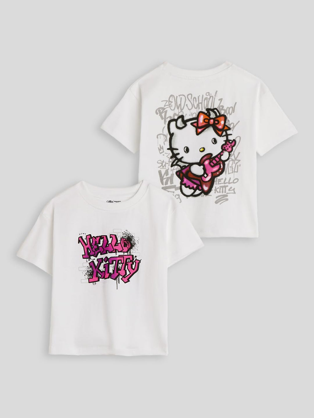 The Souled Store Hello Kitty: Musical Girls Short Sleeves Round Neck White Graphic Printed Cotton Oversized T-Shirts