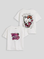 The Souled Store Hello Kitty: Musical Girls Short Sleeves Round Neck White Graphic Printed Cotton Oversized T-Shirts