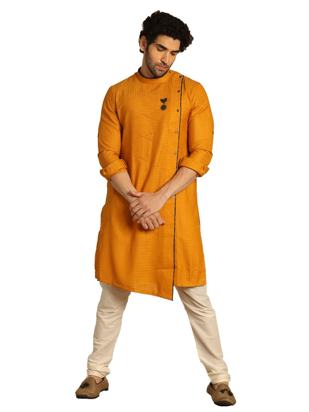 Manyavar Kurta Only, Blended Viscose Full Sleeves Mandarin Collar Self Design Ethnic Wear For Men (Light Orange, L)