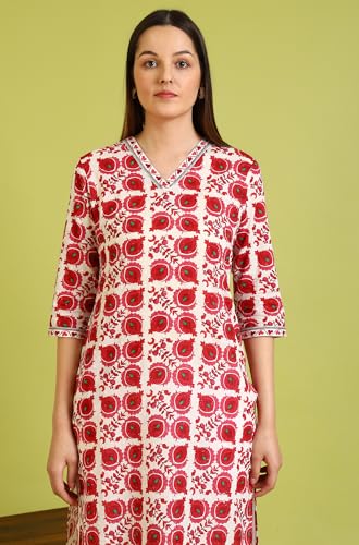 W For Woman Floral Printed Straight Pure Cotton Kurta With Border Patch