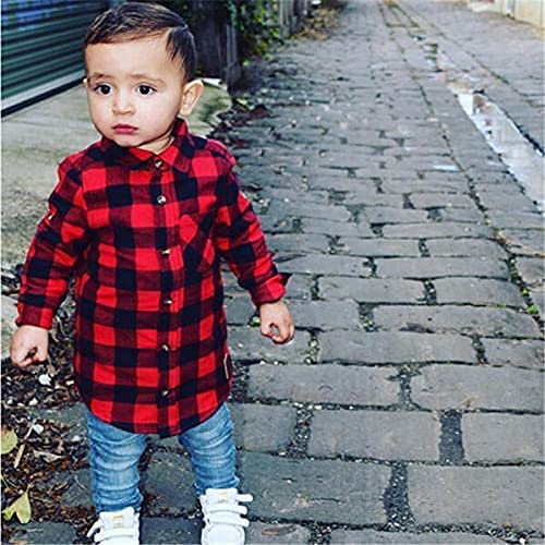 Toddler Girls Boy Clothes Plaid Flannel Long Sleeve T-Shirt Tops Kid Christmas Outfits(3-4T) Red-a