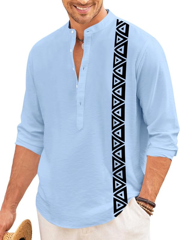 Finivo Fashion MenS Short Kurta With Printed Geometric Side Panel | Cotton Blend Full Sleeve Ethnic Topwear With Mandarin Collar