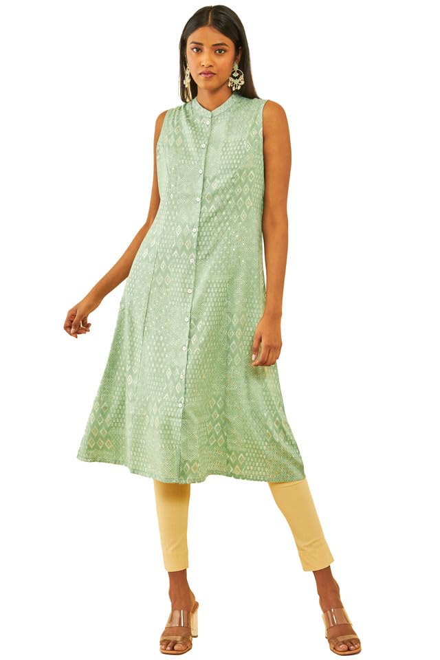 Soch Women Rayon Ethnic Motifs Foil Printed Mandarin Collar Panelled Kurta