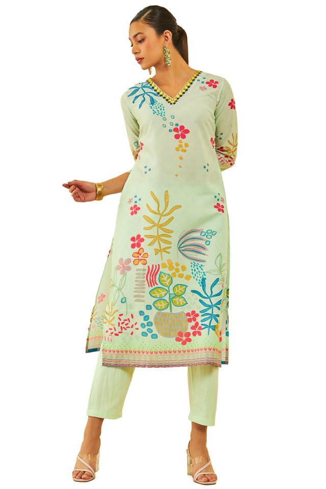 Soch Women Muslin Blend Placement Printed Kurta Set with Beads
