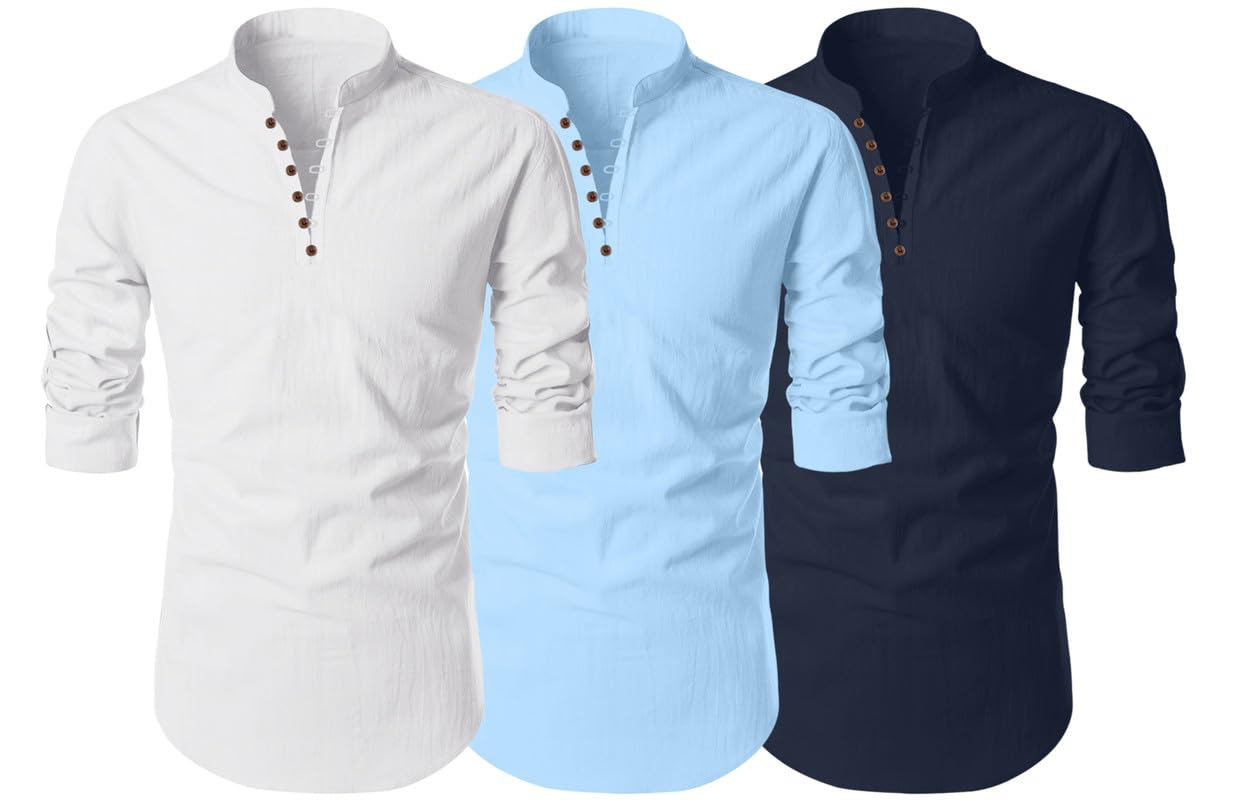 Finivo Fashion MenS Cotton Blend Regular Fit Solid Casual Kurta Shirt Pack Of 3