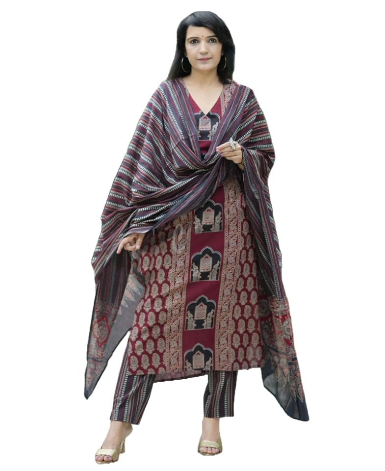ANNI DESIGNER Womens Rayon Viscose Printed Straight Kurta with Pant & Dupatta (SARANGPUR Maroon_L_Maroon_Large)
