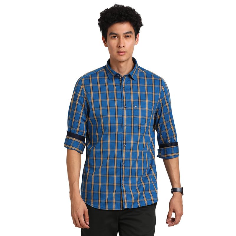 Turtle Men 100% Cotton Slim Fit Blue Full Sleeve Casual Shirt
