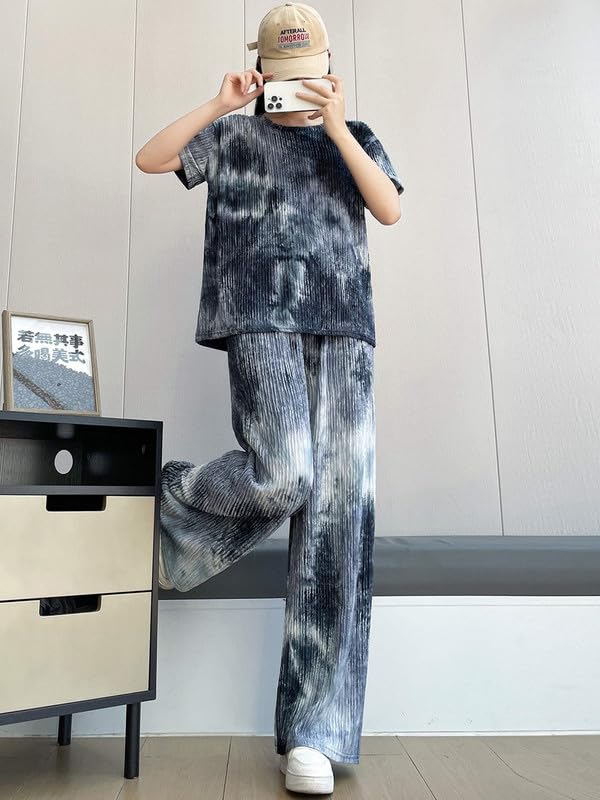 Womens Cotton Blend Tie-dye Relaxed Fit Stylish Pajama Sets || Short Sleeve Top & Long Pant Sleepwear Pjs Lounge Set Co-ords Ou