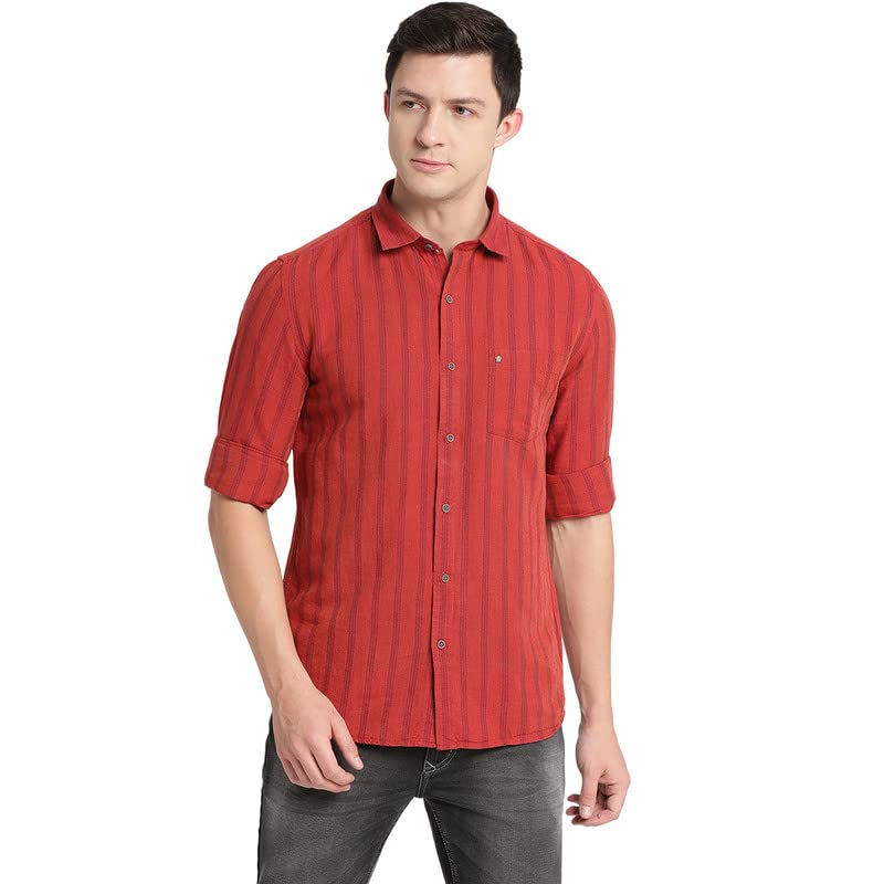 Turtle Men Red Cotton Linen Striped Slim Fit Casual Shirts