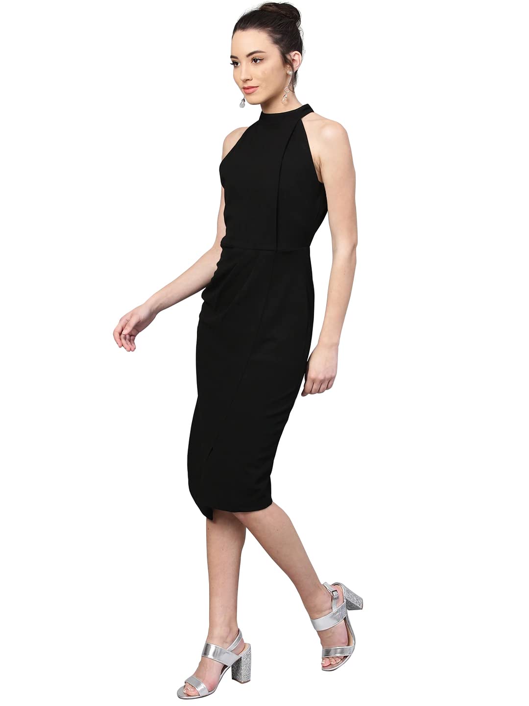 Shasmi WomenS Comfortable Black Halter Neck Sleeveless Solid Midi Bodycon Casual Western Stylish Dress For Womens/Midi Dress Fo