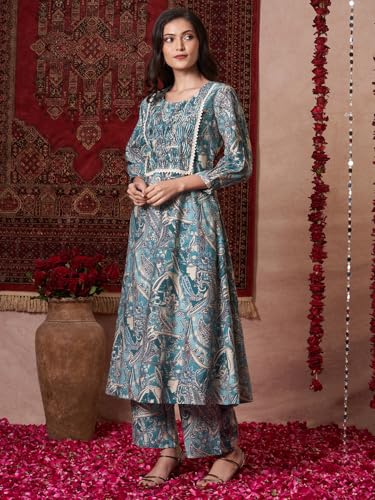 ANNI DESIGNER Womens Rayon Blend Straight Printed Kurta with Pant (Marco Teal_M_Teal Blue_Medium)