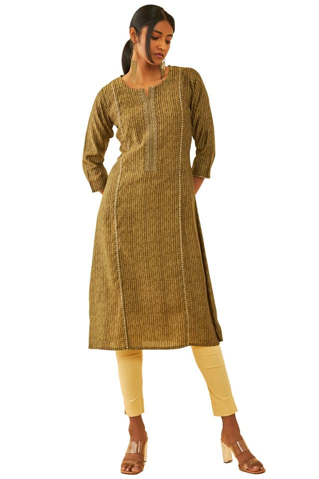 Soch Womens Olive Muslin Abstract Printed Panelled Kurta With Gotta Patti
