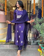 ANNI DESIGNER Womens Cotton Blend Embroidered Straight Kurta with Pant & Dupatta (NEPOLI BEGANI_XXL_Purple_XX-Large)