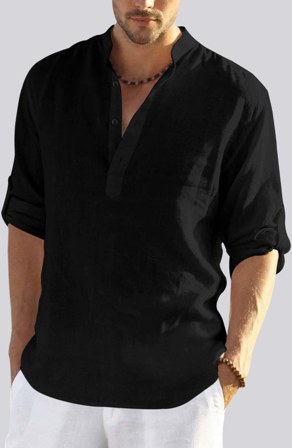 Hemrin MenS Cotton Blend Full Sleeve Short Kurta Shirt With Mandarin Collar Black
