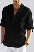 Hemrin MenS Cotton Blend Full Sleeve Short Kurta Shirt With Mandarin Collar Black