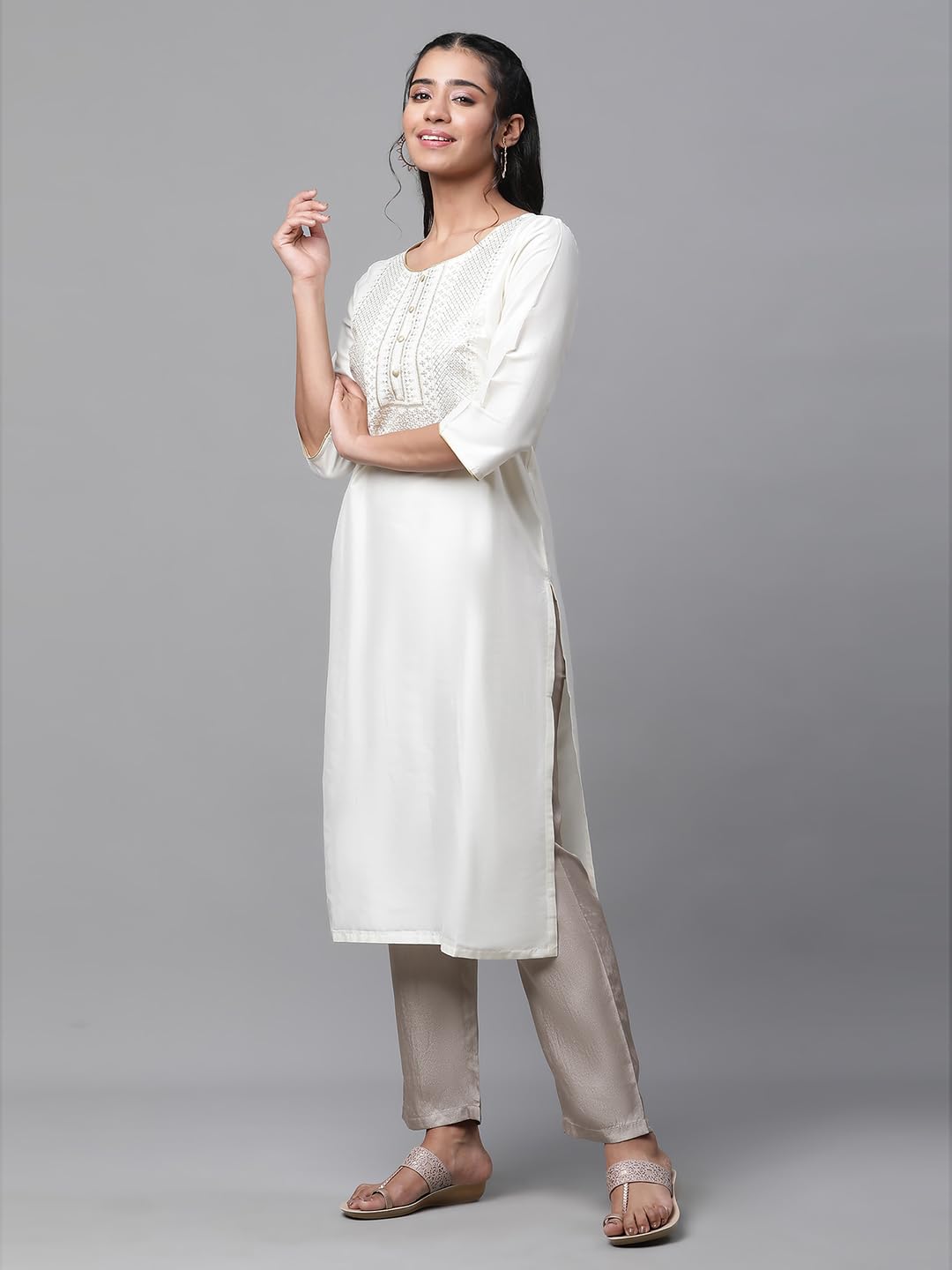 Aurelia Women Cream Solid Solid Viscose Poly Straight Kurta
