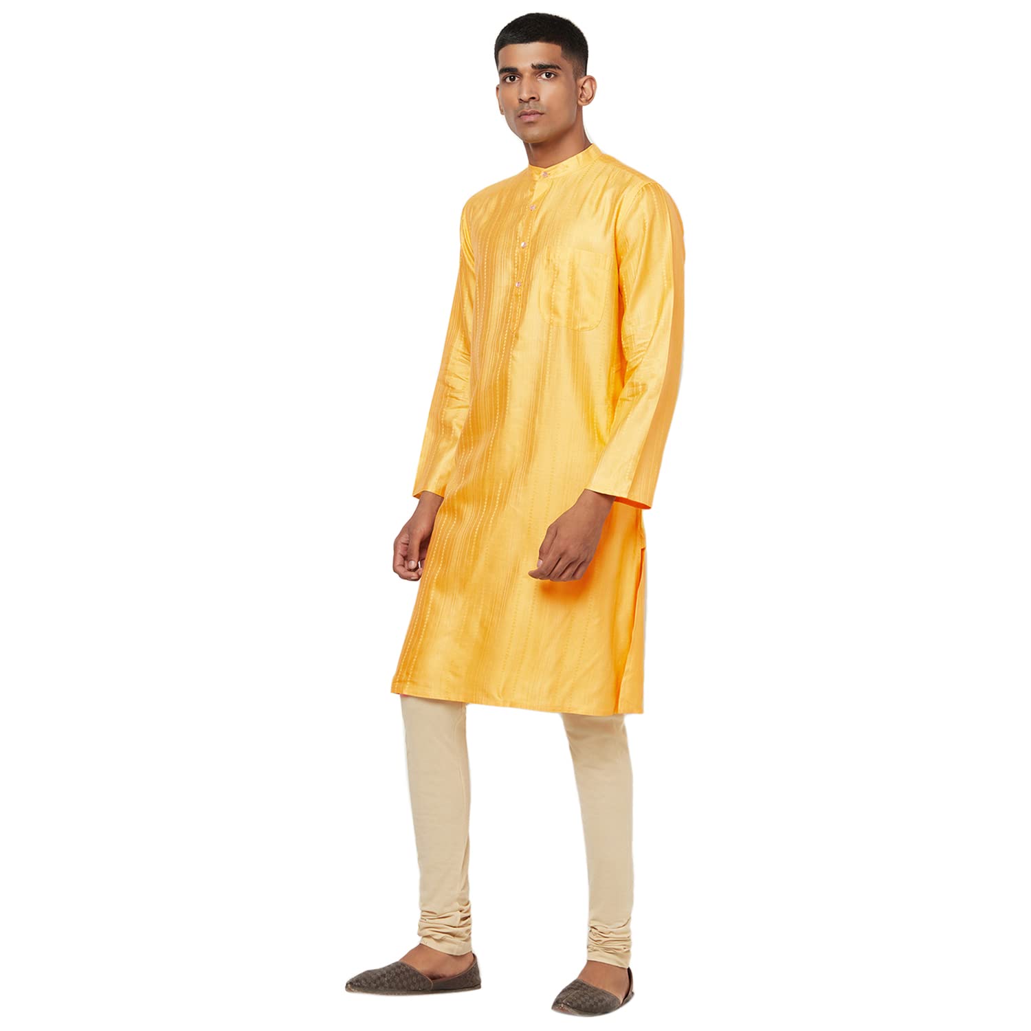 Fabindia Viscose Tussar Dobby Long Kurta (Yellow-10691961)