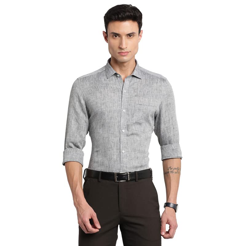 Turtle Men Black Pure Linen Solid Slim Fit Formal Shirts