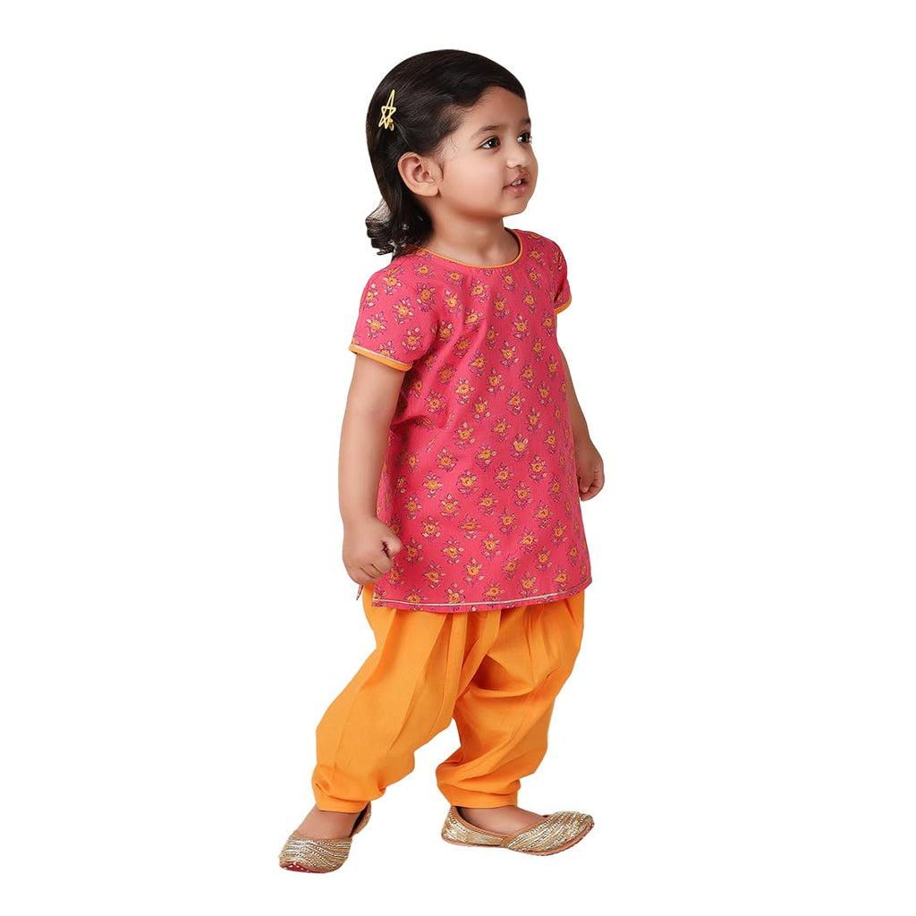 Fabindia Girl'S Cotton Floral Print Regular Fit Kurta Set (1030930Pink_Pink & Yellow