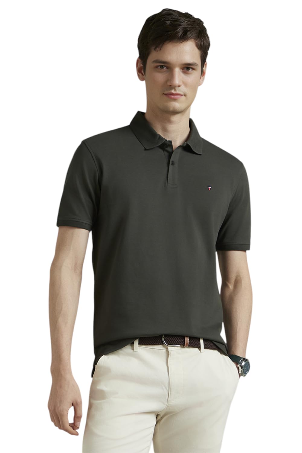 Louis Philippe MenS Cotton Blend Solid Slim Fit T-Shirt (Lykpcslbv48002_Olive, Small